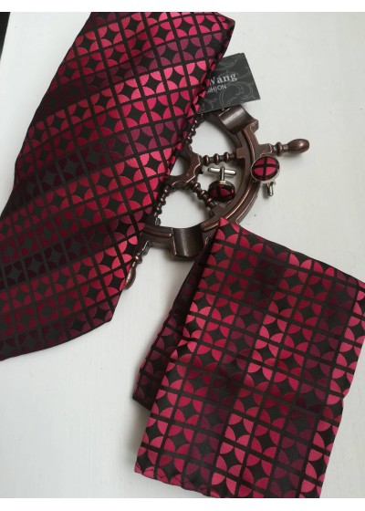Елегантен мъжки комплект копринена вратовръзка ръкавели и кърпичка за джоб в червено и бордо